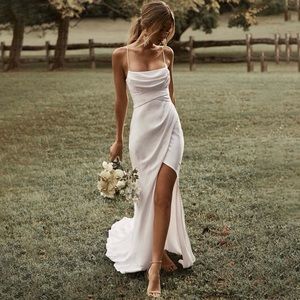 Custom satin ivory wedding dress inspired by Grace Loves Lace Bella